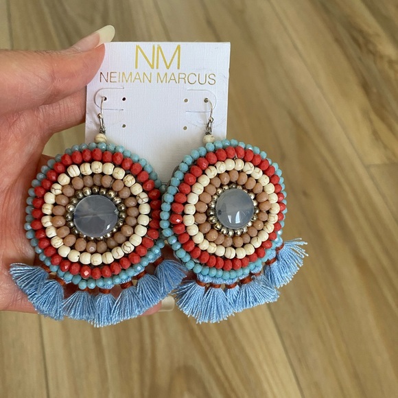 Neiman Marcus Statement Fran Drop Fringe Round Stone Bead Blue Red Cream NWT box - Picture 5 of 15